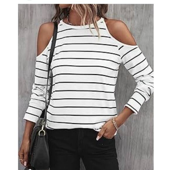 Vince Camuto White Black Striped Cold Shoulder Blouse Petite Large EUC - Picture 1 of 8